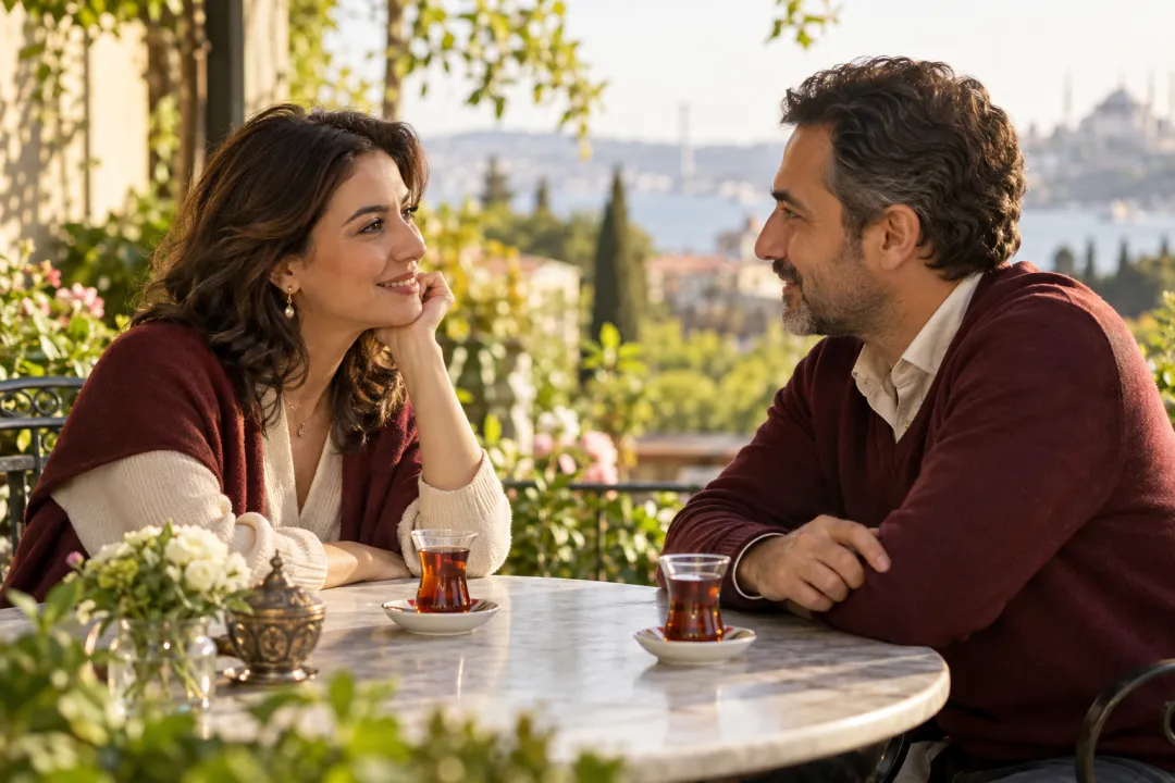 Sakin bir bahçede birbirini dinleyen bir çifti temsil eden tanıtım görseli