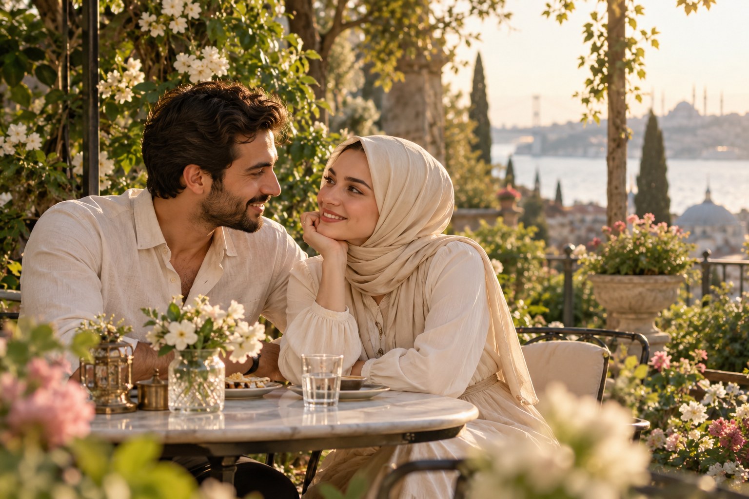 Bahçede sohbet eden çift